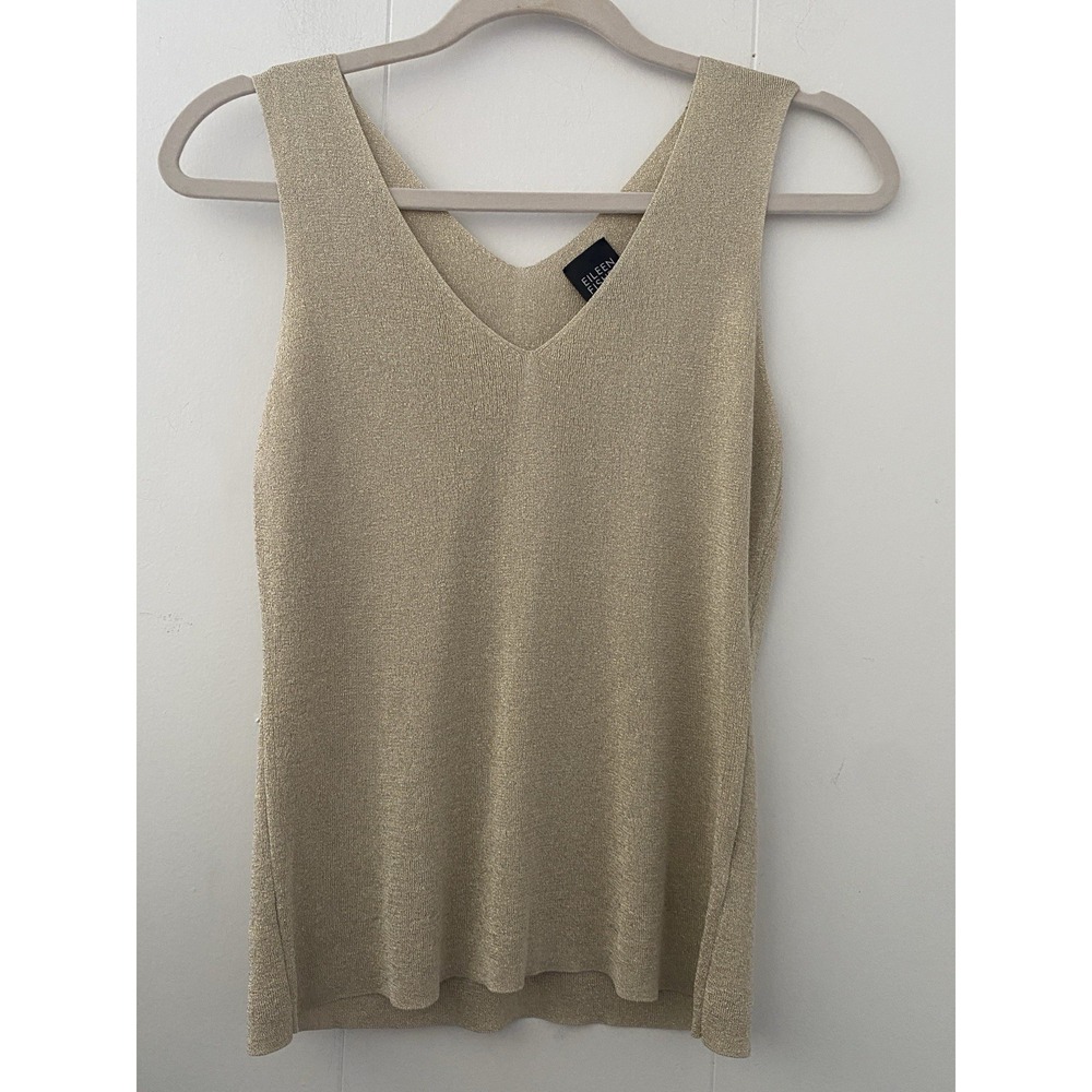 Eileen Fisher Gold Metallic V-Neck Knit Tank Top Size Small Italian Yarn